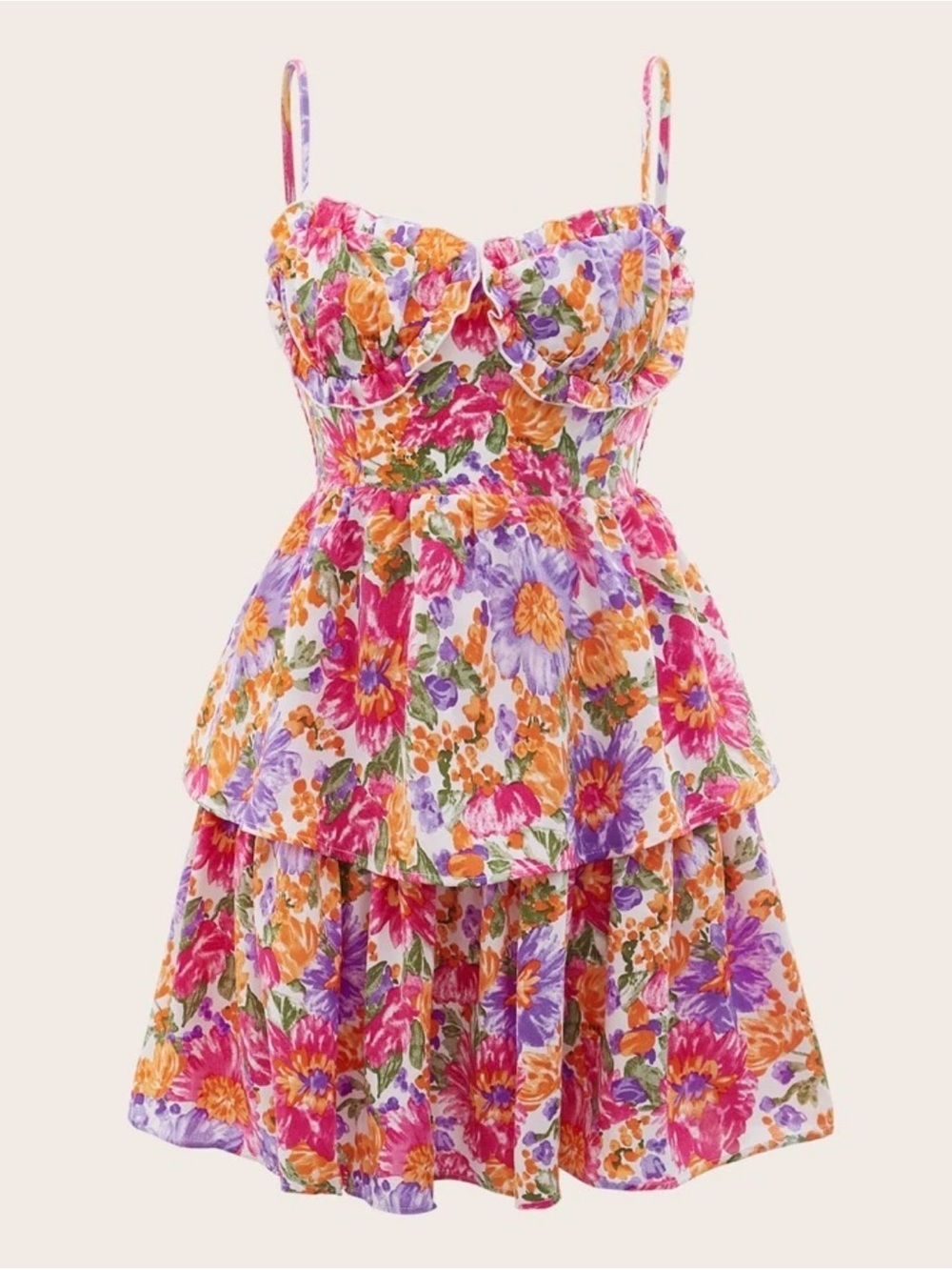 Allover Floral Print Frill Trim Layered Cami Dress Size XS